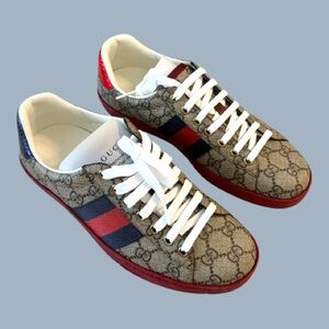 Gucci Beige and Red Patterned Sneakers